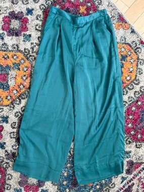 NWT American Eagle Teal Satin Wide Leg Pants Trouser Stretch Medium Trendy